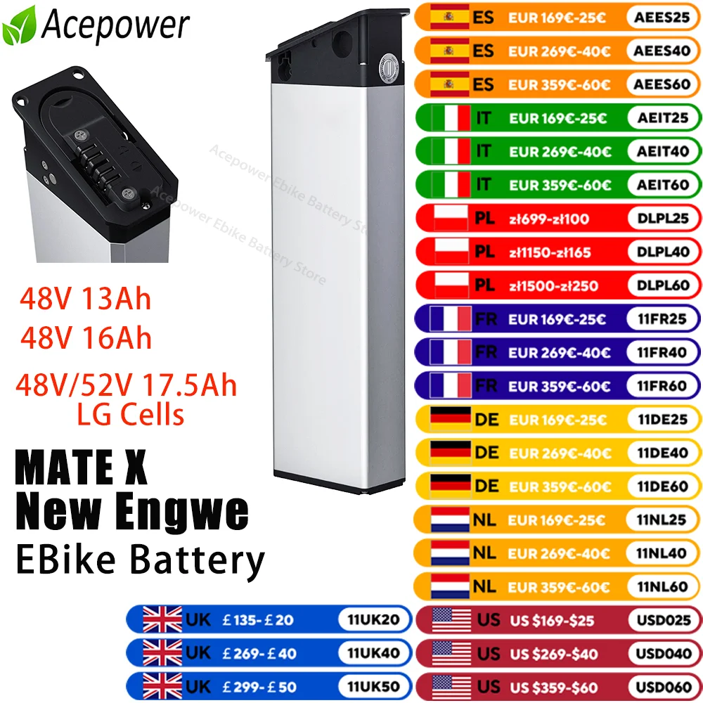 48V 17.5Ah 16Ah 13Ah Replacement Battery for 2022 New Engwe EP-2 Pro Engine Pro Upgraded Version For MATE X Bike Battery DCH-009