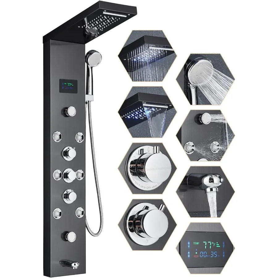 

Shower Panel Wall Mount Shower Tower LED Rainfall Waterfall Showerhead Full Body Shower System with Adjust-angle Body Jets Cont