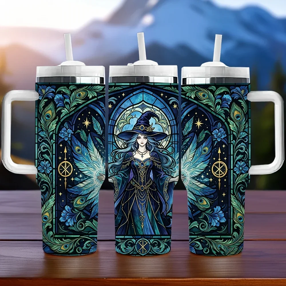 40oz Insulated Tumbler with Handle, Features Witch Stained Glass Printed Pattern, Suitable for Witch Lovers, Keeps Drinks Temperature for A Long Time, Perfect As Holiday And Birthday Gift for Daily Use And Outdoor Travel