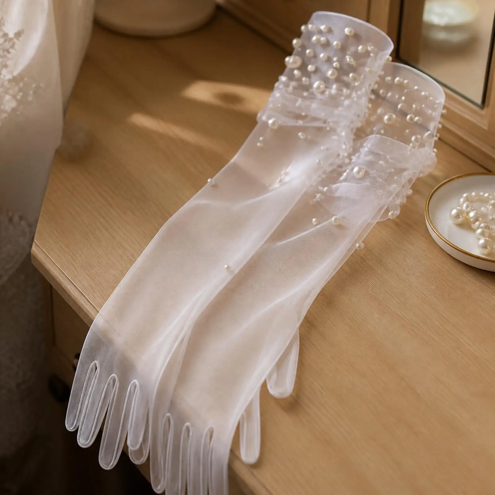Elegant Long Ivory Mesh Gloves for Bride Pearl Accents Opera Length Fingered Wedding Evening Party Wear