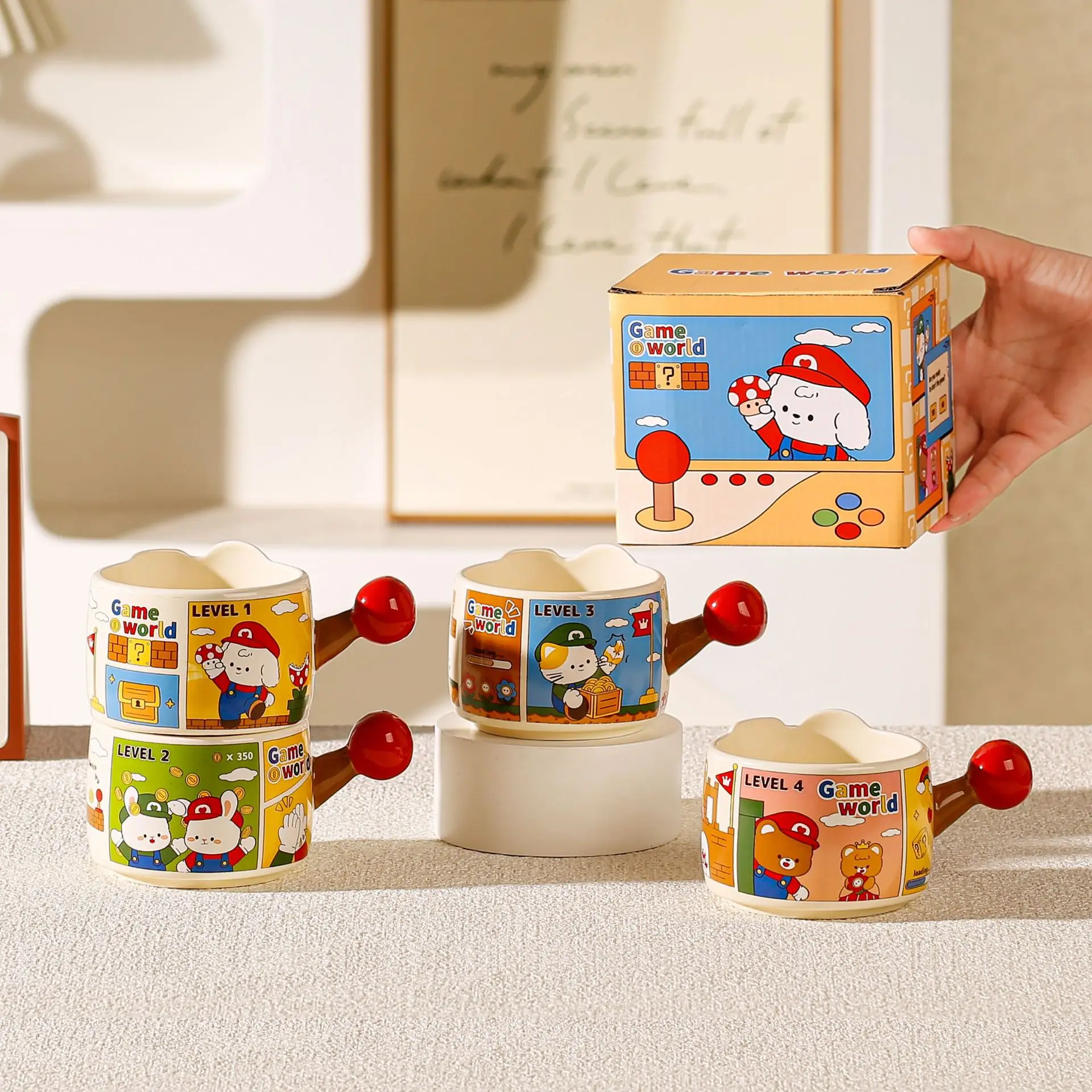 High Aesthetic Creative Apple Cat Mugs, Cute Ceramic Coffee Mug, Stacked Cups Set Tea Cup, Christmas Birthday Gift Kawaii Cup