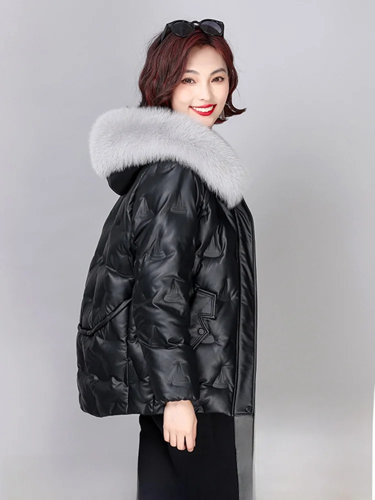 

Ning Genuine Leather down Jaet Women's ort Fur eepskin Winter Coat Loose Fur Coat Commute Sle Zipper Closure