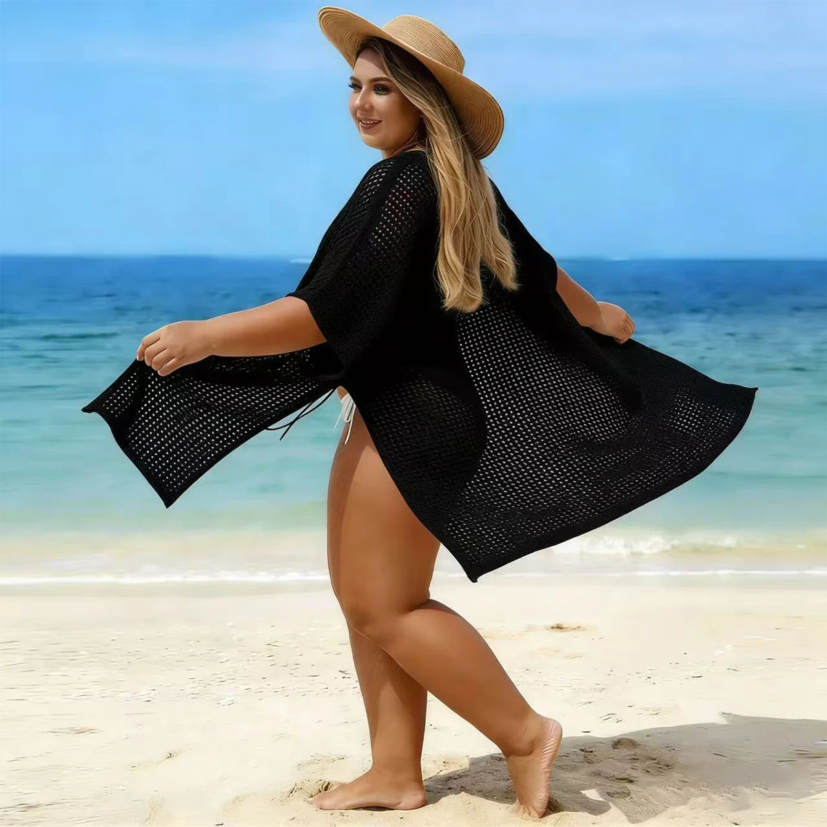 Fashion V Neck Loose Fit Plus Size Knit Top, Summer Beach Vacation Side Tie Hollow Out Cover Up, Plain Pattern Casual Style