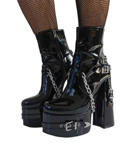 

Punk Women Black Shiny Patent Leather Sliver Metal Belt Buckle Chain Round Toe Platform Chunky Heels Zipper Side Short Boots