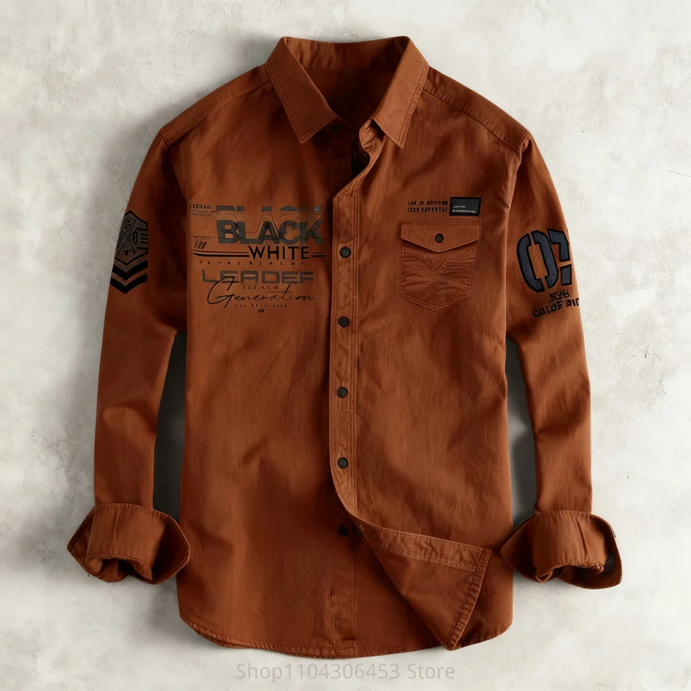 2025 Men's Retro Simple Letter 3D Printed Shirt Long Sleeve Lapel Flap Pocket 10 Colors Business Casual Fashion Top Outer Shirt