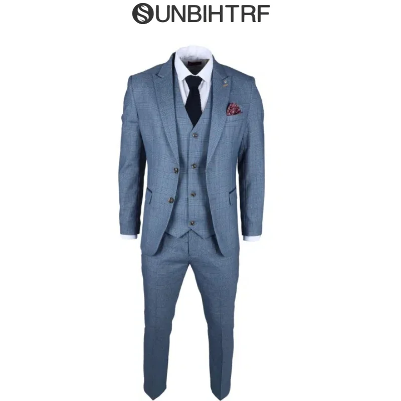

Men's Suit 3-Piece Blue Checked Classic Tailored Fit Formal Dress