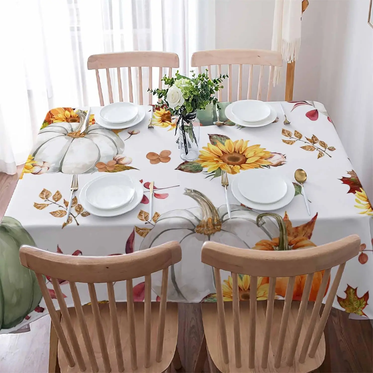 Fall Thanksgiving Pumpkin Sunflower Rectangle Tablecloth for Table Decor Autumn Maple Leaf Kitchen Table Cloth Autumn Decoration