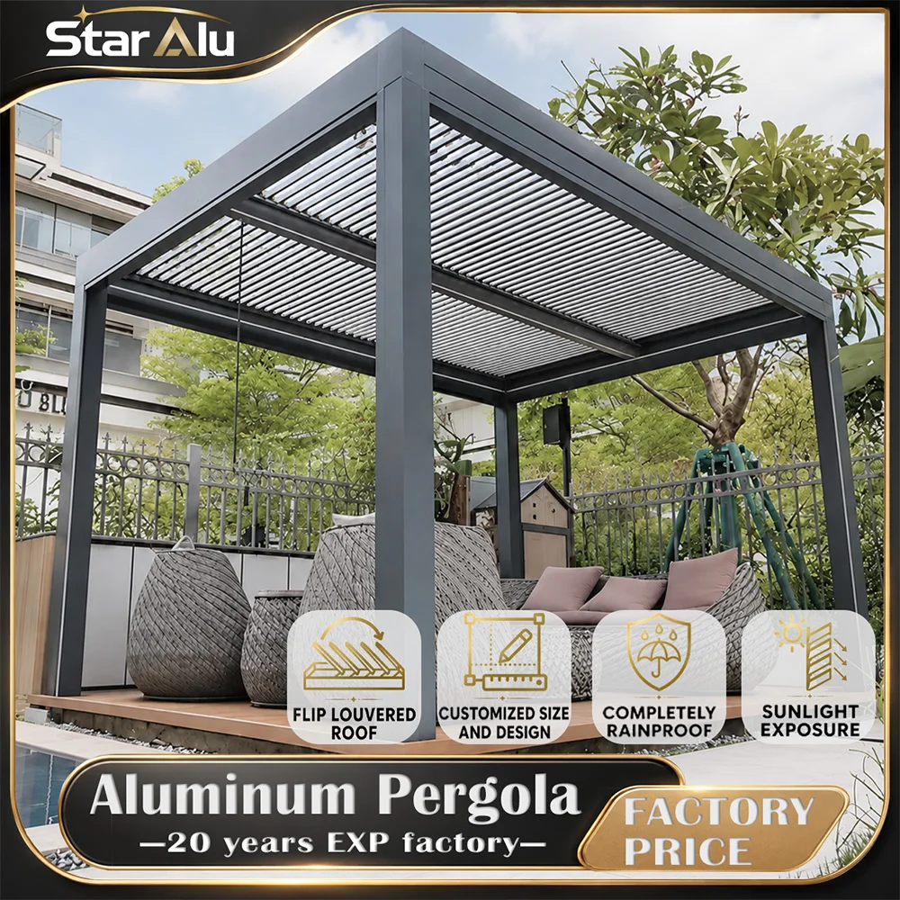 Luxury Bioclimatic 6063 T5 Aluminum Heavy Duty Windproof Motorized Louvered Pergola LED Lighting Remote Waterproof Gazebo Custom