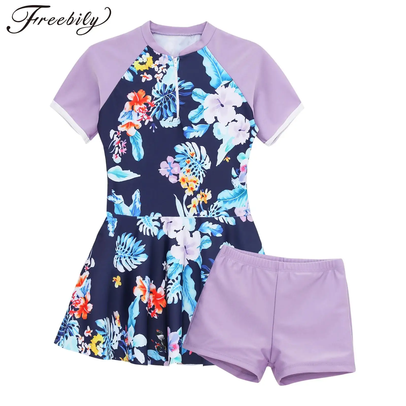 Kinder Mädchen Badeanzug Kurzarm Print Bade kleid mit Shorts Bade bekleidung Badeanzug Reiß verschluss Haut ausschlag Schutz Beach wear Pool Badeanzug