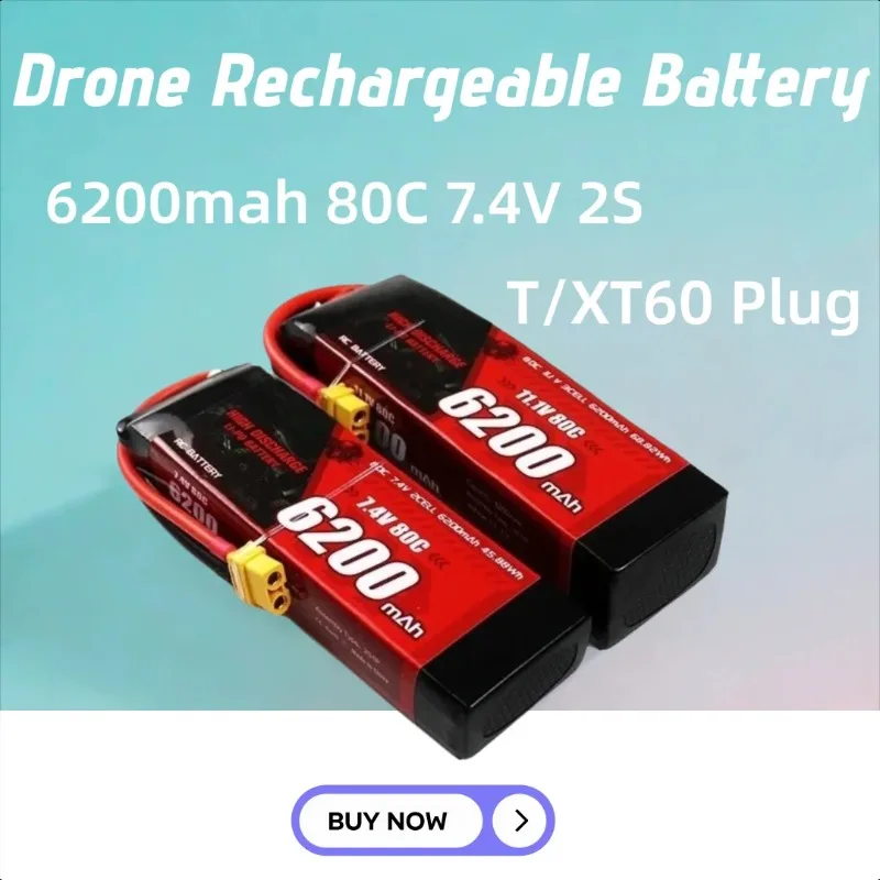 

T/XT60 6200mah 80C 7.4V 2S LiPo Battery for RC Quadcopter Helicopter FPV Racing Drone Rechargeable Battery
