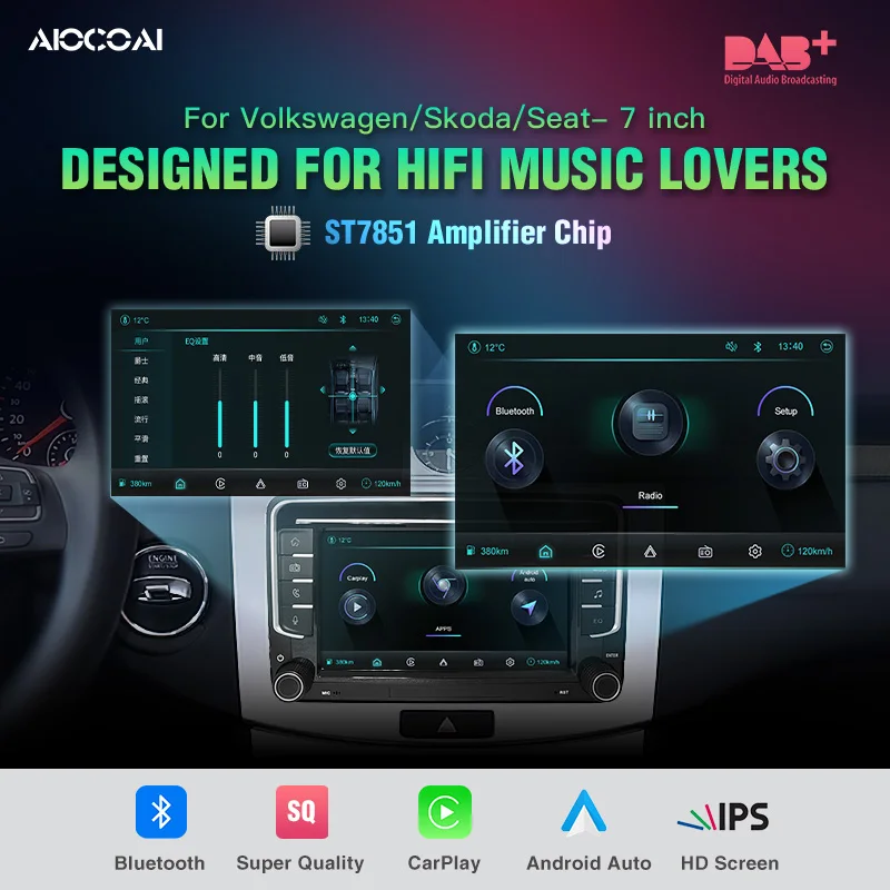 AIOCOAI 7inch CarPlay Linux Screen for Volkswagen POLO GOLF 6 PASSAT CC JETTA TIGUAN TOURA Built in DAB Android auto MIrrorlink