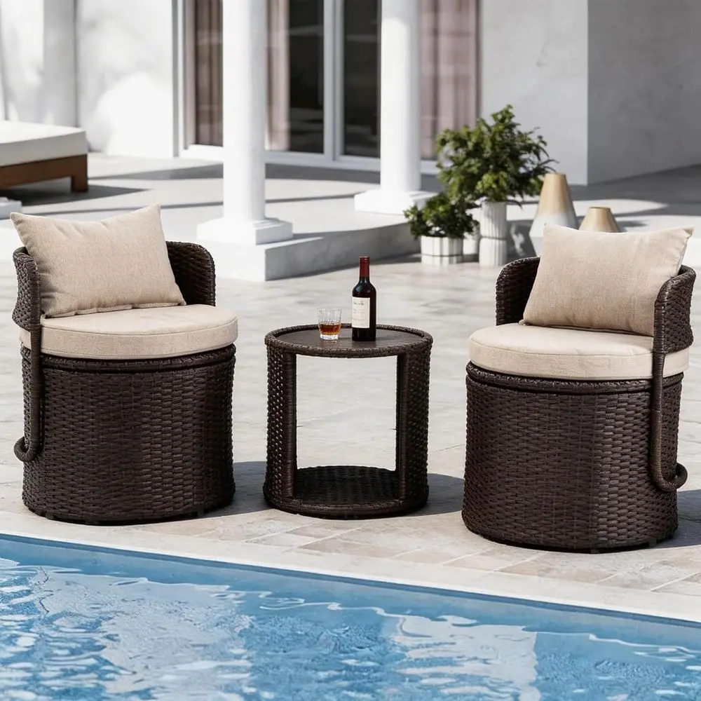 

3-Piece Outdoor Bistro Set with Storage, Wicker Chairs and Glass Table, Ideal for Balcony, Garden, Porch, Backyard, Brown