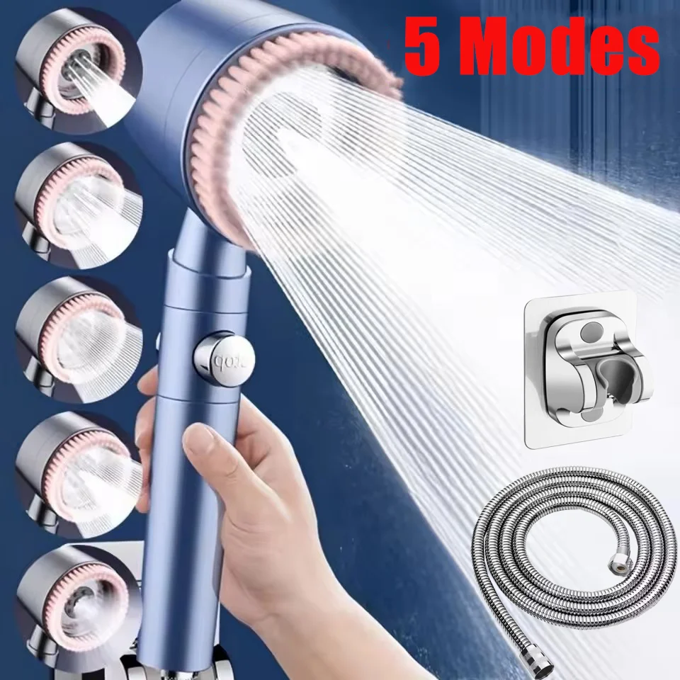 5 Function Bathroom Handheld Brushed Shower Head with Stop Button Spa Filter Showerhead with Hose and Holder Shower Nozzle Spray
