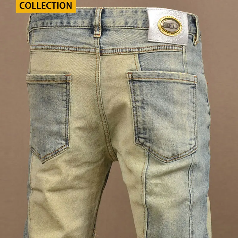 

Fashionable new men's jeans, nostalgic washed elastic slim fit light blue jeans, designer retro patchwork pants Y2K
