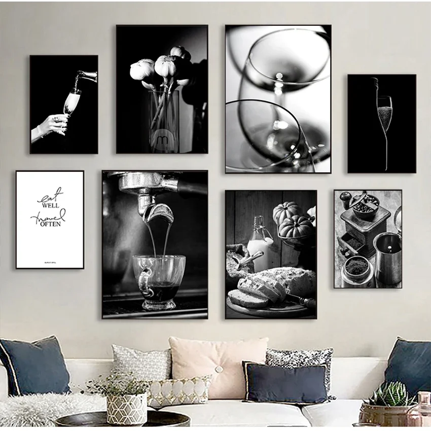 Painting Picture Dining Room Restaurant Decoration Coffee Wine Bread Kitchen Poster Black White Drink Food Diamond Print Wall