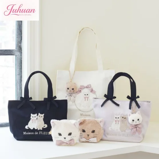 

Japanese new cute double cat embroidered satin double bow handbag women's fashion large capacity daily versatile tote bag girl