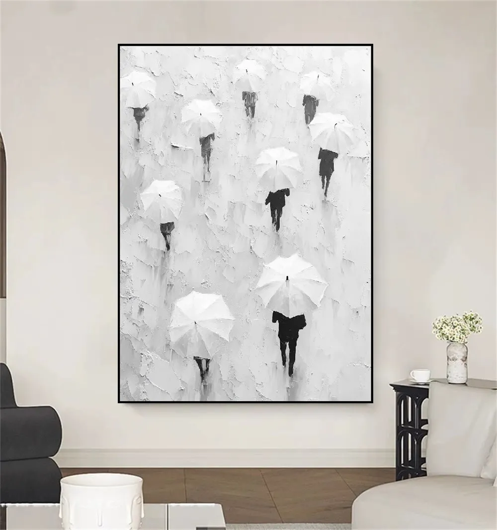 Pure Hand Drawn High-End Feeling White Series Rain Walking Oil Painting Home Decoration Large-Sized Texture Room Hanging Image