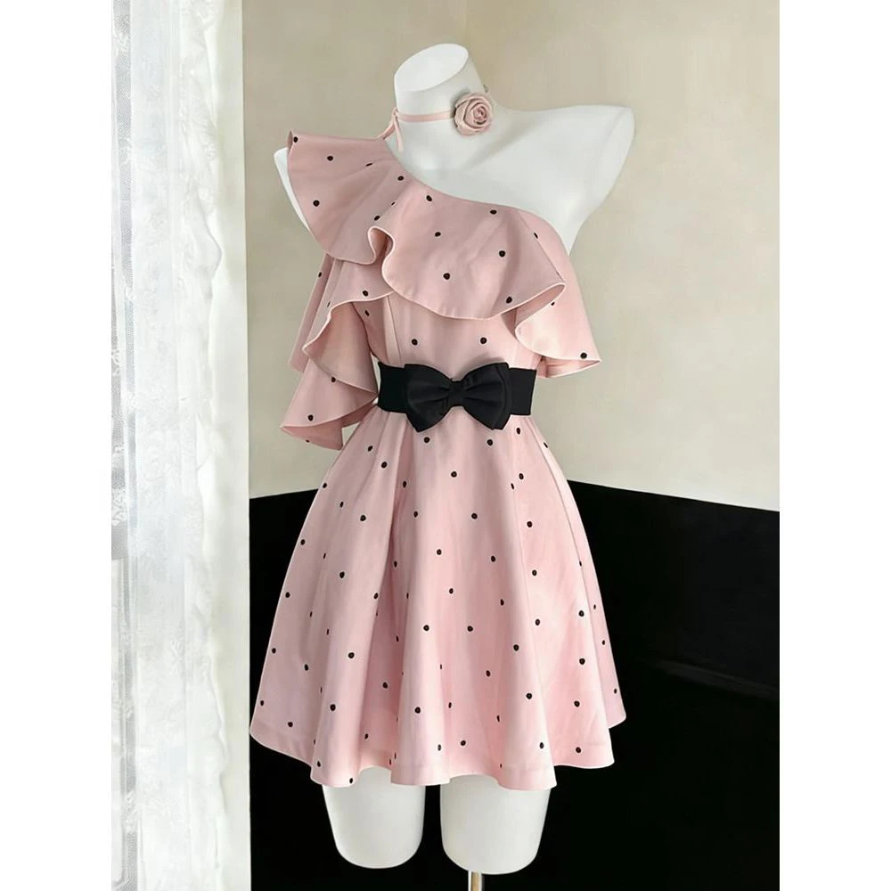 Harajuku French Sweet Sleeveless Pink Polka Dot Dress Elegant Slant Neck Y2K Korean Retro Bow Fashion 2026 Spring/summer Dress