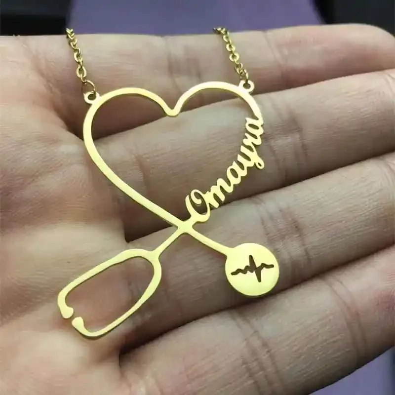 Collier avec nom personnalisé pour les travailleurs médicaux, stéthoscope, ras du cou en forme de cœur, bijoux à la mode, cadeau pour sa infirmière