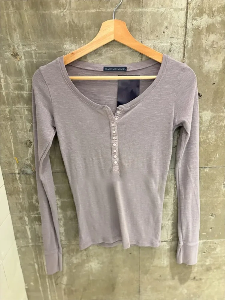 Nine Buttons T-shirts Women Autumn New Purple Bamboo Cotton Casual Preppy Style Long Sleeve Tees Sweet Simple Basic T Shirts