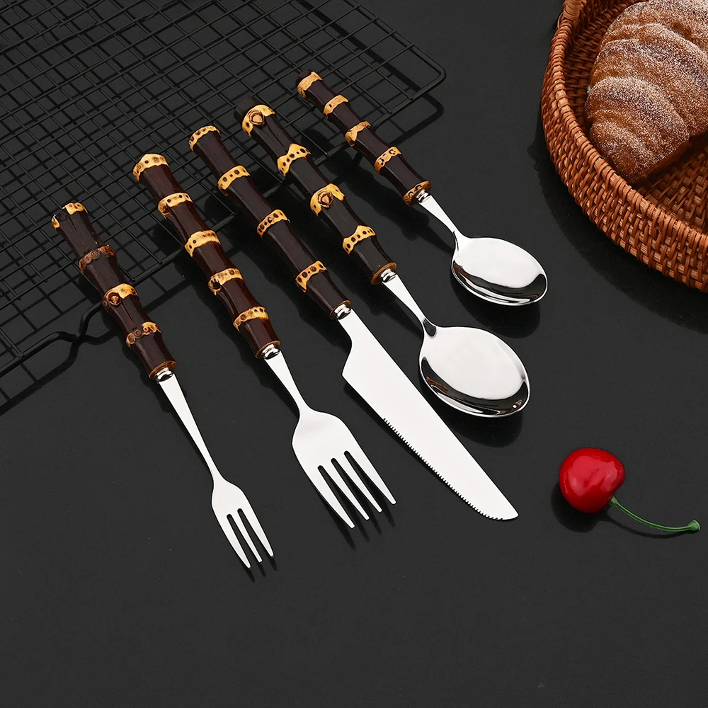 5Pcs Creative Home Bamboo Handle Dinnerware Cutlery Set Stainless Steel Tableware Steak Knives Fork Spoon Flatware Set For Home view 2