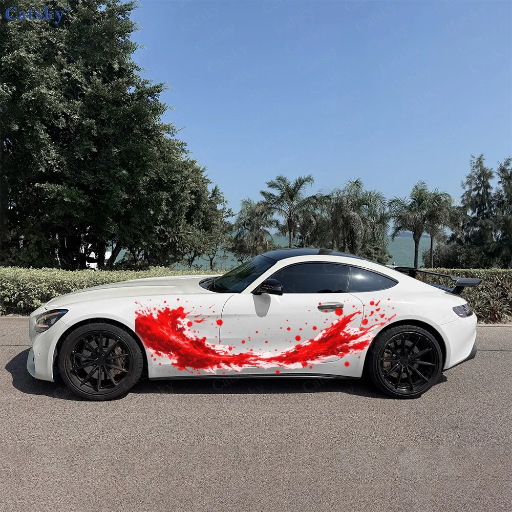 2Pcs Dynamic Red Splatter Abstract Design Car Body Side Sticker, Automotive Door Side Graphics for Car, Car Decoration Accessory