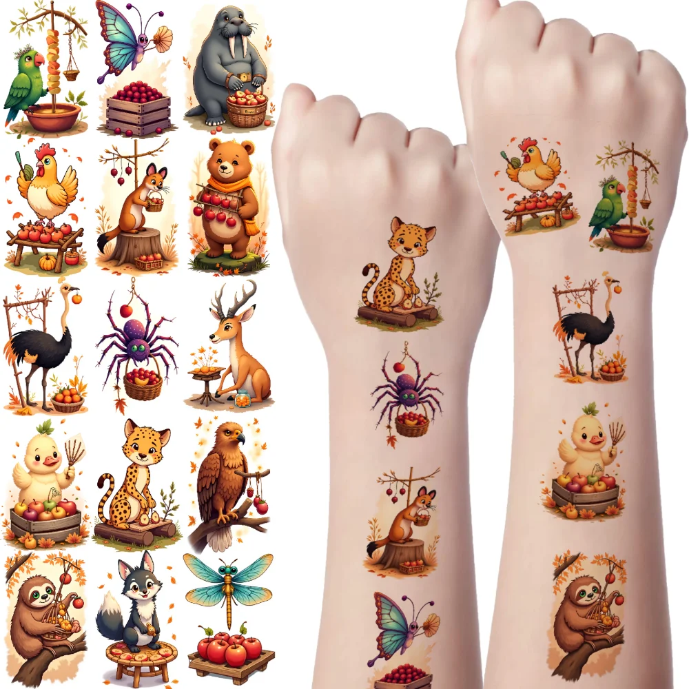 

54 шт., временные татуировки, осенняя тема, водонепроницаемые, долговечные наклейки на тело, декоративные принты, мультяшный дизайн, мультяшные для детей