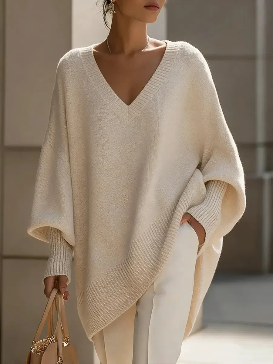 Damen V-Ausschnitt Oversize Strickpullover Fledermausärmel Langarm Lockerer Mittellanger Strick-Top Einfarbige Lässige Slouchy-Bluse
