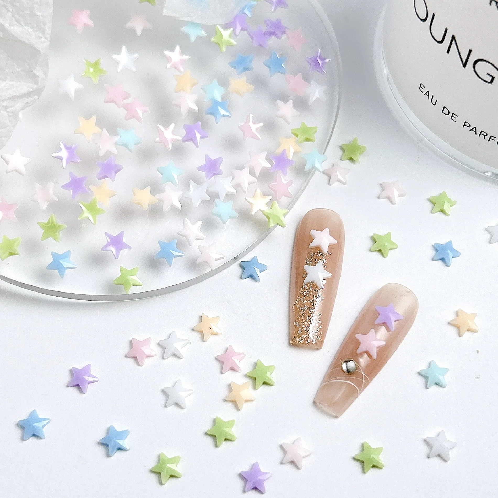 50PCS 3D Mini Solid Color Star Resin Nail Charms Cute Minimalist Flat Bottomed Pentagram Nail Art Decorations for DIY Nail Parts