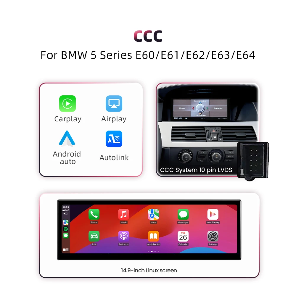 BONROAD 14.9Inch Auto Multimedia Draadloze Carplay Android Autoradio GPS Voor BMW 5 Serie E60 E61 E62 Met 2560*720 P Touchscreen