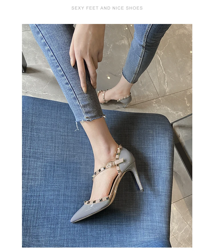 Heeled Sandals Summer 2024 New Women\'s Shoes Luxury Rivet Patent Leather Pointed Toe Comfortable Elegant Casual Ladies Shoe