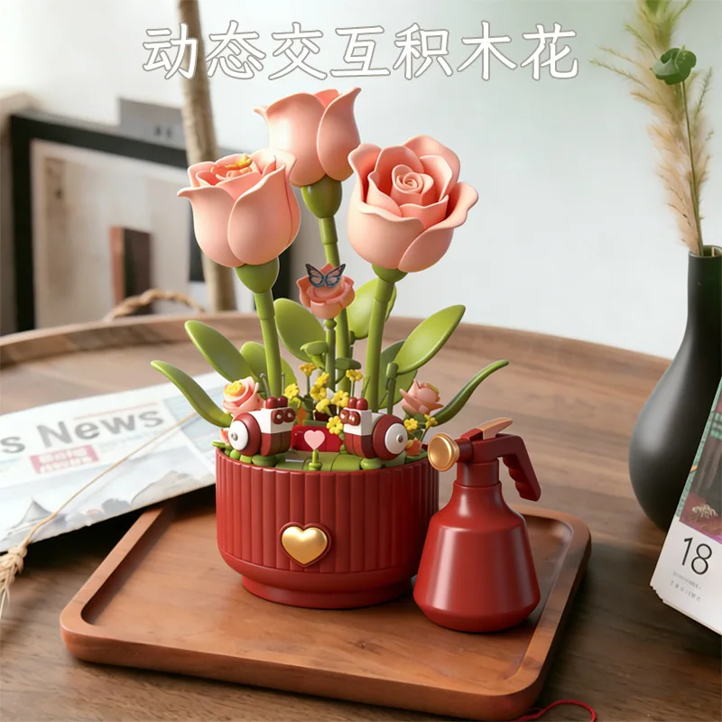 

ZUANMA Electric Rose Building Blocks Flower Simulation Watering Blooming Desktop Decoration Ornament Girls Birthday Gifts