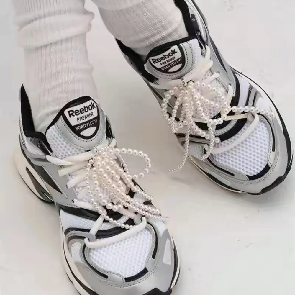 1pair Fashion Pearl Bowknot Shoelace Accessories Silver Jelly Color Bow Shoe Charms Sneakers Decorations DIY Phone Chain Jewelry