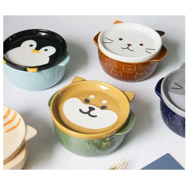 850ML Japanese Cartoon Cat Ceramic Bowl Cute Animal Bowl Instant Noodle Bowl with Cover Kitchen Utensils Ceramic Tableware