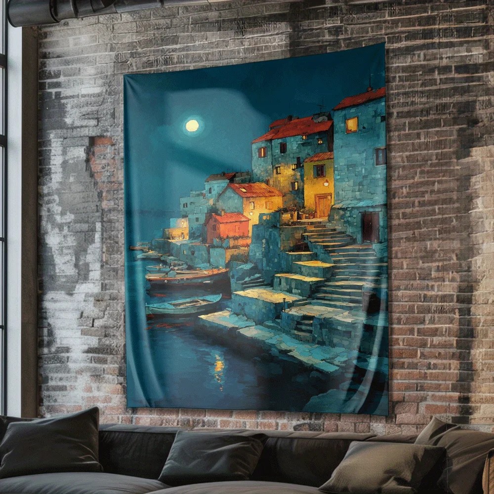 Coastal Nighttime Port Digital printing polyester wall tapestry suitable for use in living rooms bedrooms offices bars and party