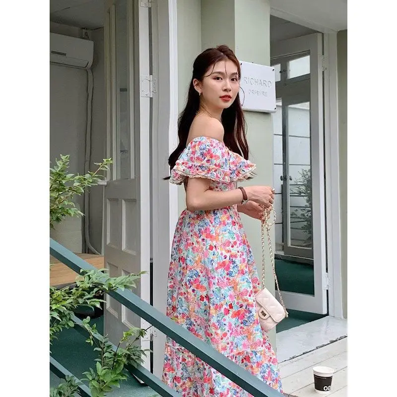 French Heavy Industry Floral Square Collar Lotus Leaf Hem Dress Women Summer  Petite girls Slim A-line Mid length version