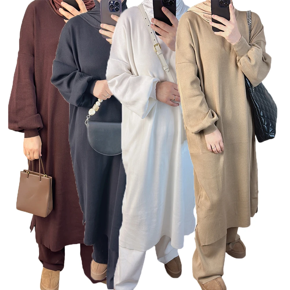 Conjunto de 2 piezas de suéter Abaya musulmán para mujer, traje a juego, Vestido largo de punto grueso con pantalones, traje modesto islámico, Otoño e Invierno