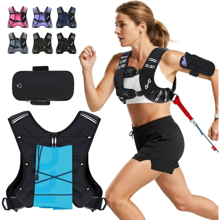 سترة Sportneer المرجحة للنساء والرجال: 8 رطل 12 رطل 15 رطل 20 رطل 25 رطل سترة وزن قابلة للتعديل مع حقيبة هاتف قابلة للفصل لـ Ruck