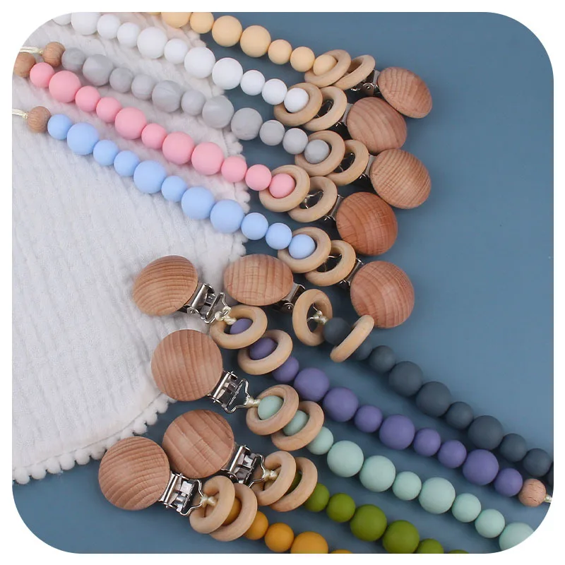 Baby Pacifier Clips Silicone Beads Wooden Ring Dummy Chain Newborn Gift Teether Soother Chain Nipple Holder Baby Stuff Accessory