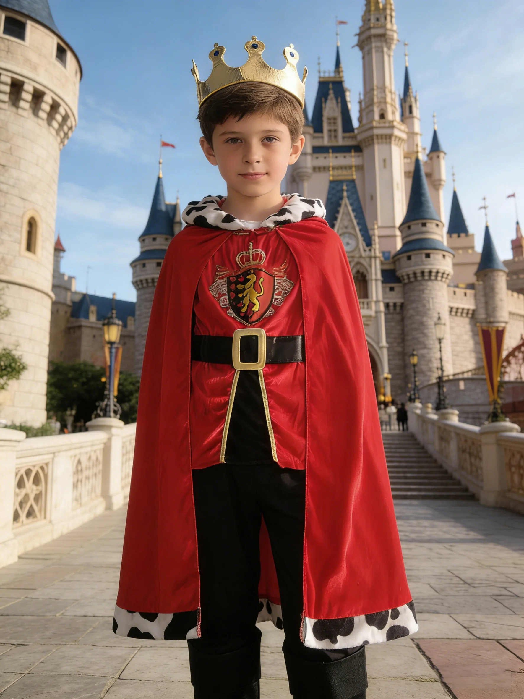 Conjunto de disfraz de príncipe para niños: 1 camiseta + 1 capa + 1 corona + 1 par de pantalones + 1 pulsera, con un vibrante esquema de colores rojo y negro y tela suave que reduce la peso del traje formal tradicional, sin perder el diseño aristocrático, adecuado para Halloween de niños y diversas fiestas de carnaval, disfraces para actuaciones en escenario.