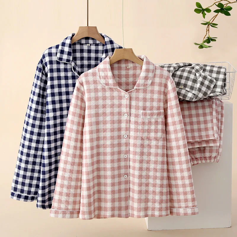 

Winter Simple Plaid Pajama Set Long Sleeve Pants Couple Suit Cotton Casual Men Women Nightwear Home Clothes Pijama Mujer Verano