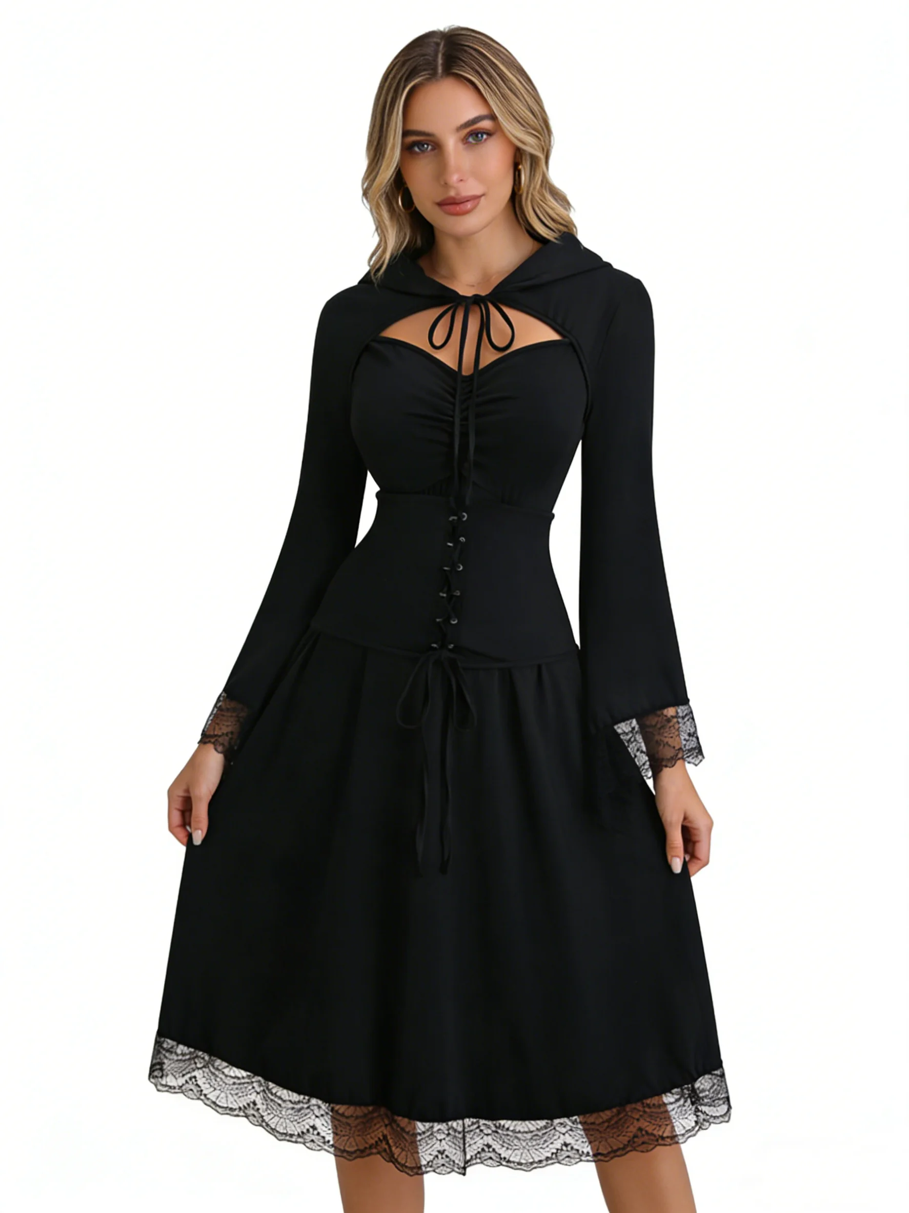 

Ladies Plus Size Lace Dress With Hooded Square Tie Waist Spring And Summer New Plus Size Dress