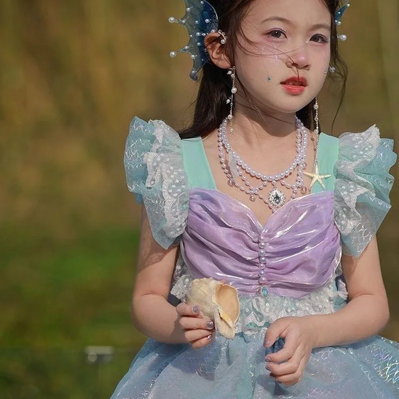 Baby Girls Summer Sweet Lolita Shiny Blue Pricess Quick-drying swimsuit Mermaid Cake Layed Backless Pearl bow Clothes