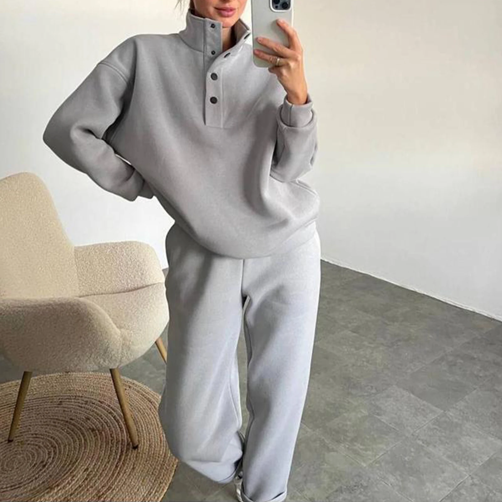 Women Stand Collar Sweatshirt Sweatpants 2 Piece Sweatsuit  Long Sleeve Top Trouser Outfits Solid Color Pullover Pants Tracksuit