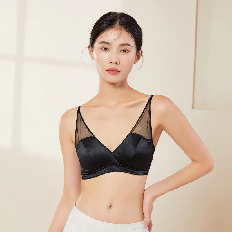 Women Underwear French Style Triangle Design Mulberry Silk Soft Satin Bralette Thin Ventilation Sexy Mesh Intimate Brassiere