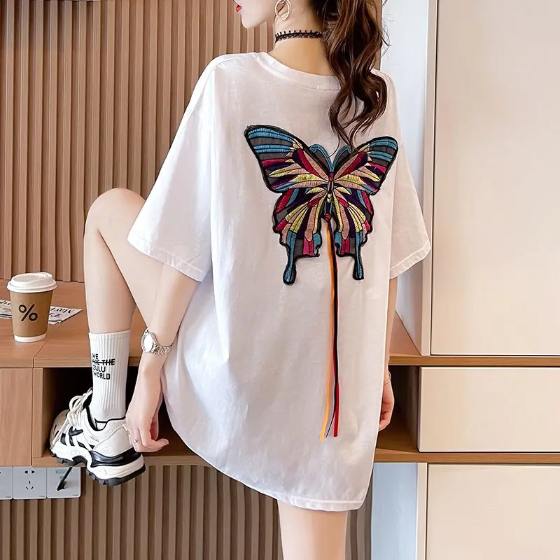 Female Clothing Fashion Butterfly Embroidery T-shirt Casual Loose Summer Short Sleeve Commute Basic O-Neck Drawstring Pullovers