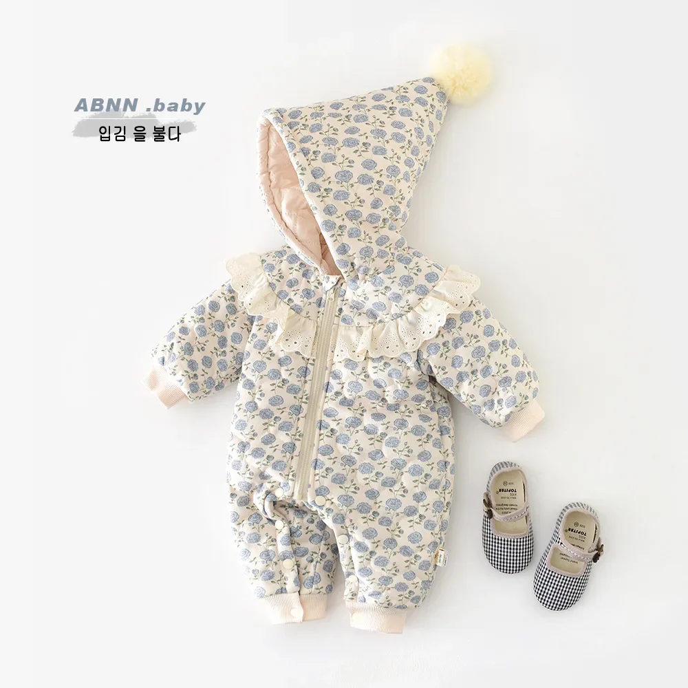 3 6 9 12 24 Months Newborn Jumpsuit 2026 Winter New Flowers Baby Girl's One Piece Cloths Hooded Climbing Clothes