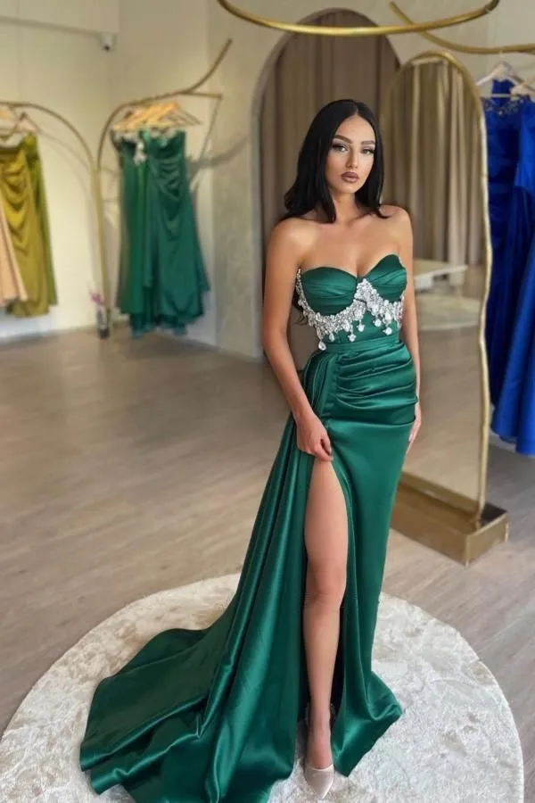 

Hunter Green Evening Dresses Mermaid Rhinestone Long Strethcy Satin Strapless Sweetheart Women Prom Gowns with Slit Party Dress