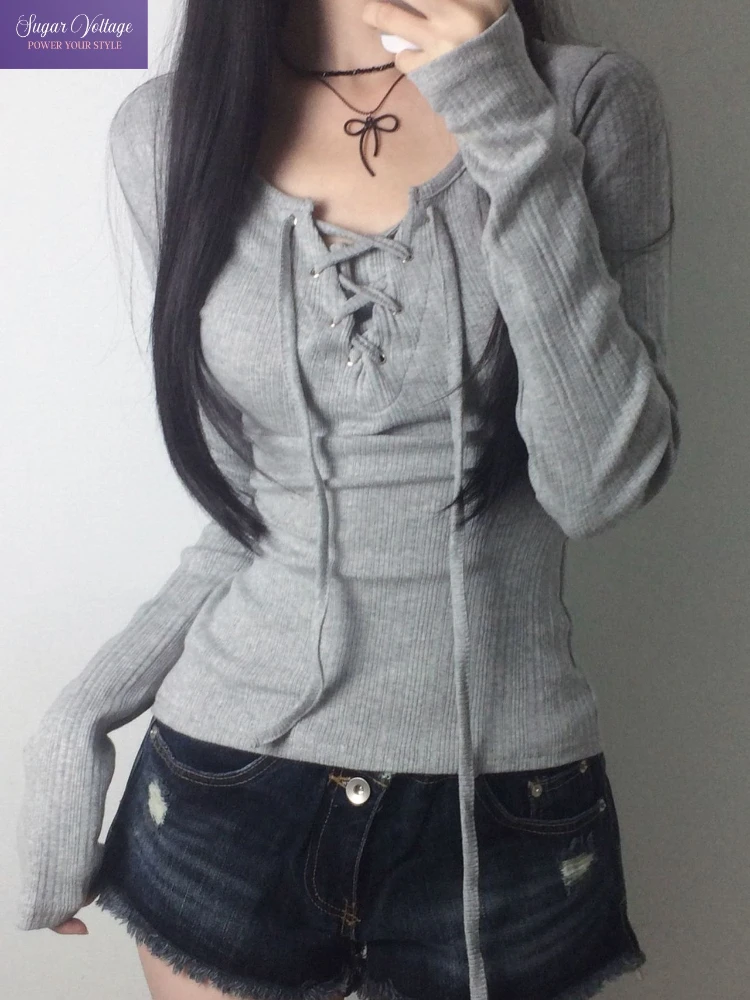

Rapcopter Korean Casual Eyelet Lace Up Long Sleeve T Shirt Women Slim Fit Aesthetic Y2K Streetwear Tops Fashion Autumn 2025