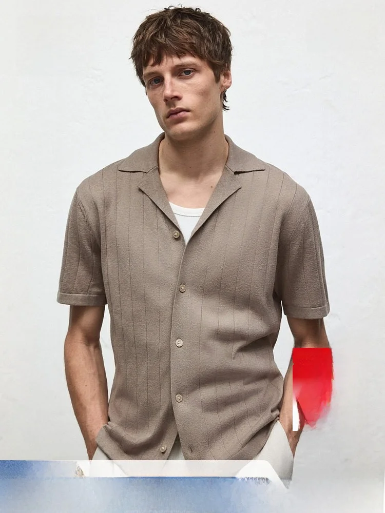 

H&M Men's Stand Fit Linen Blend Cuban Collar irt Casual Loose Sle ort Sve Pure Color Daily Wear Spring Autumn